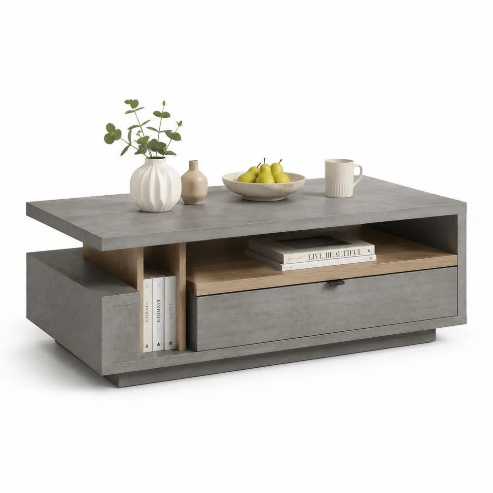Couchtisch 120x70x40 cm MDF Schublade offene Fächer Grau Eiche