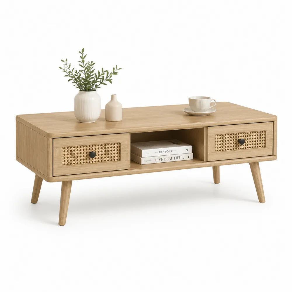 Couchtisch 120x60x45 cm MDF Holzwerkstoff Eiche mit Schubladen und offenem Ablagefach