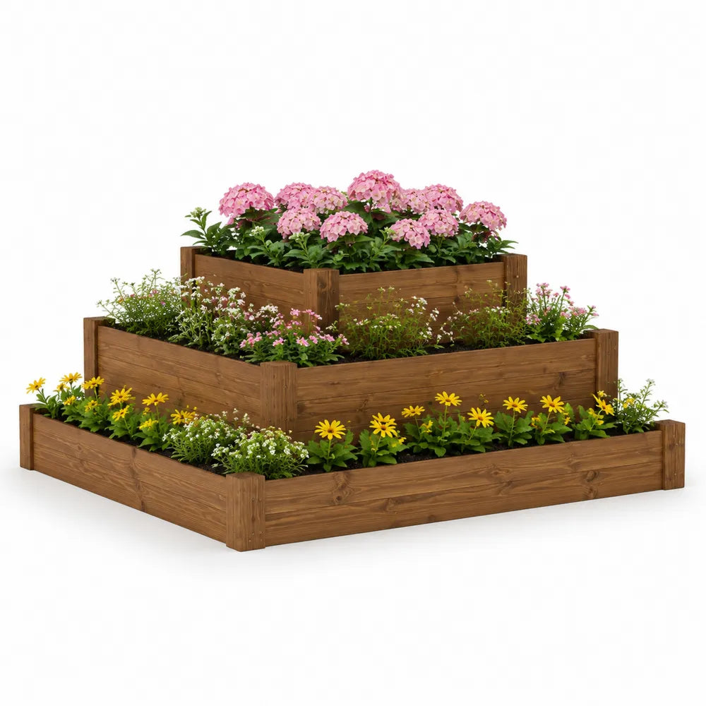Hochbeet Holz Pflanzkasten 3 Etagen rechteckig Braun 180 x 120 x 60 cm