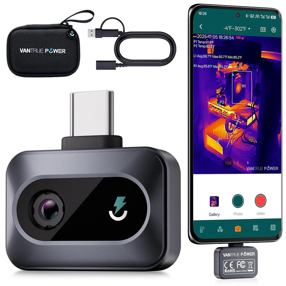 Wärmebildkamera: USB-C, mit USB-Anschluss, mit Kamera, 20°C, 550°C