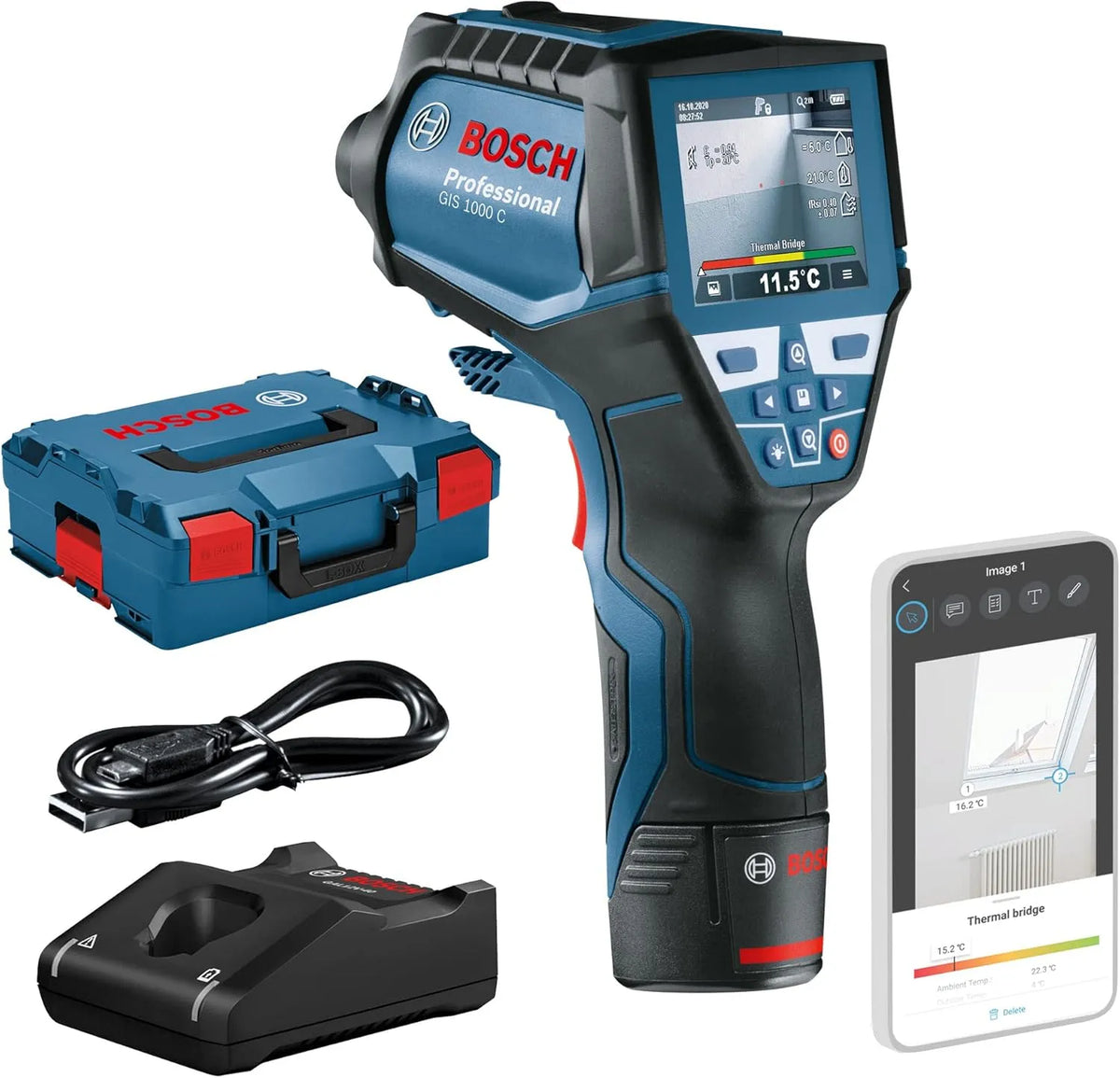 Bosch GIS 1000 Professional Infrarot-Thermometer GIS 1000 C 1x Akku 12V + Ladegerät, Akku-Betrieb, für gewerblichen Einsatz, 40 °C, 1000 °C