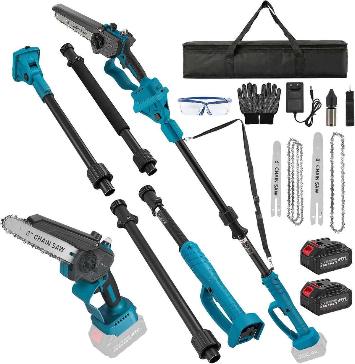 Hochentaster und Teleskop-Astsäge, Akku-Betrieb, bürstenloser Motor, 4.6m, 8 Zoll, 4000 mAh, für die Gartenpflege
