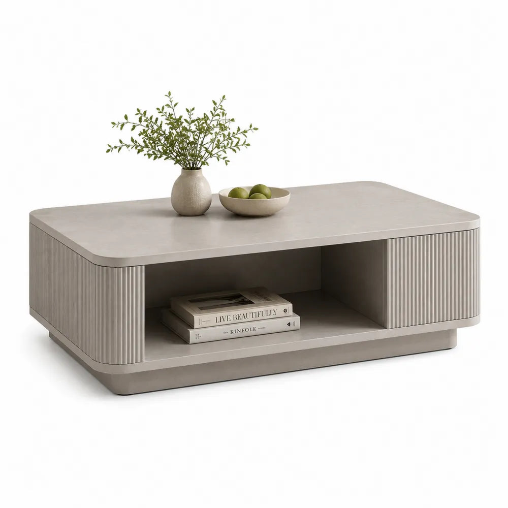 Couchtisch rechteckig MDF Steinoptik mit Rillenfront Stauraumfächern Beige 120 x 60 x 38 cm