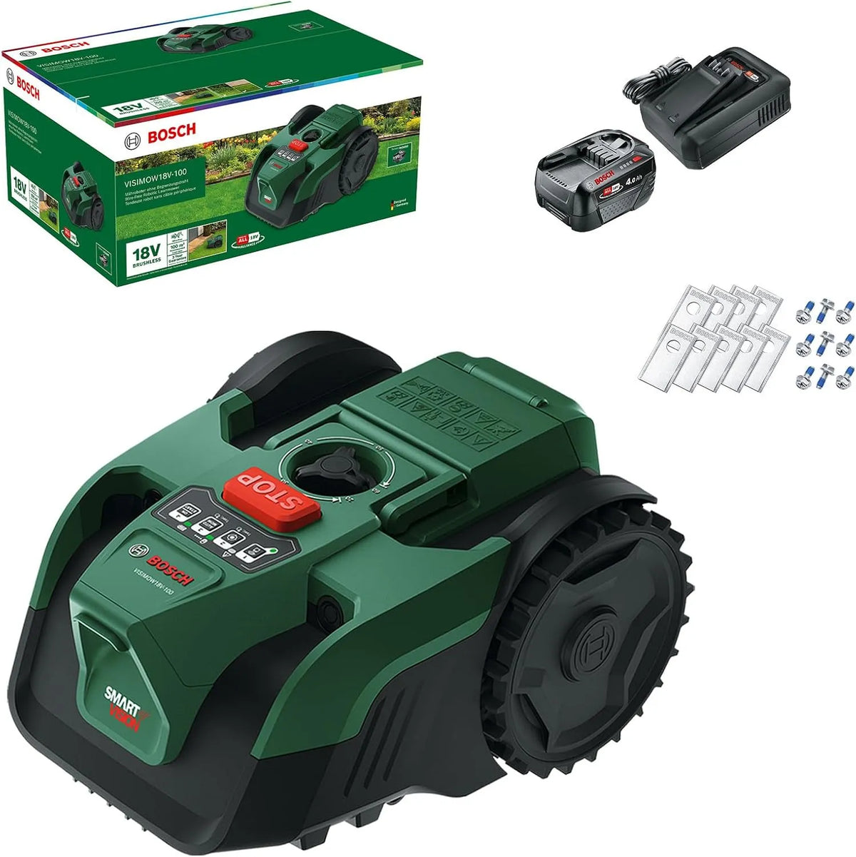 Bosch Akku-Mähroboter VISIMOW18V-100 für Rasenflächen bis 100 m²: Akku-Betrieb, 16 cm, 60 mm, für die Gartenpflege