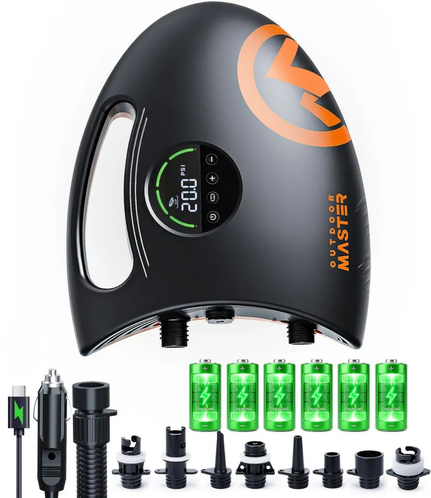 OutdoorMaster Shark 2S Elektrische SUP-Pumpe mit Akku, 20 PSI, Auto-Abschaltung, Typ-C Eingang, 8 Düsen, 88,8Wh
