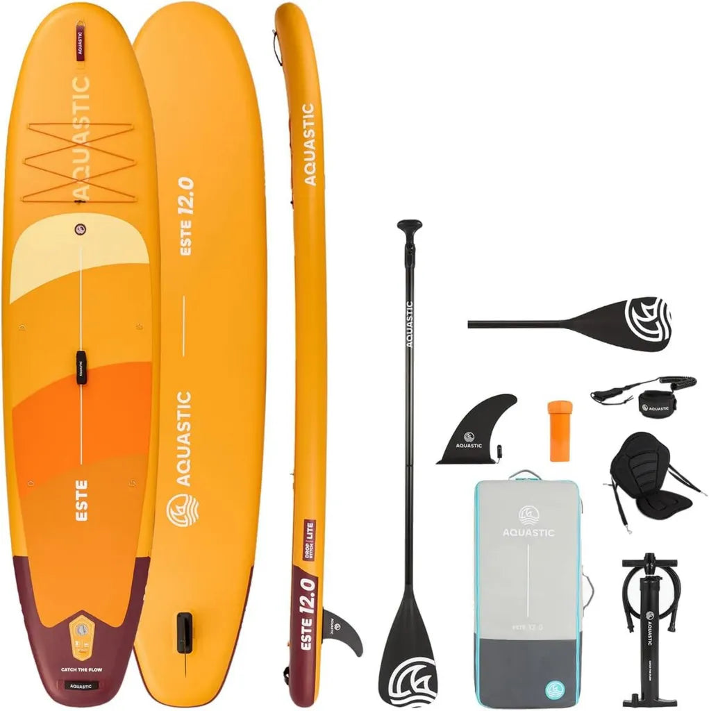 AQUASTIC Este 12'0' SUP Board Set – Leichtes & stabiles Drop Stitch Design, 390L Kapazität, bis 170kg, Kajakfunktion mit montierbarem Sitz, EVA Deck, 3 Tragegriffe, Komplettset inklusive Paddel, Pumpe & Rucksack