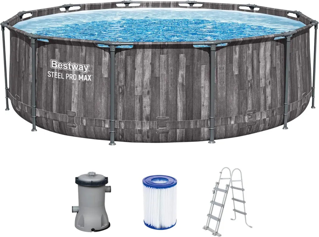Bestway Rundpool 366x100 cm mit Filterpumpe, Holzdesign, 9.150 L, TriTech-Material, Mosaikboden, inklusive Leiter