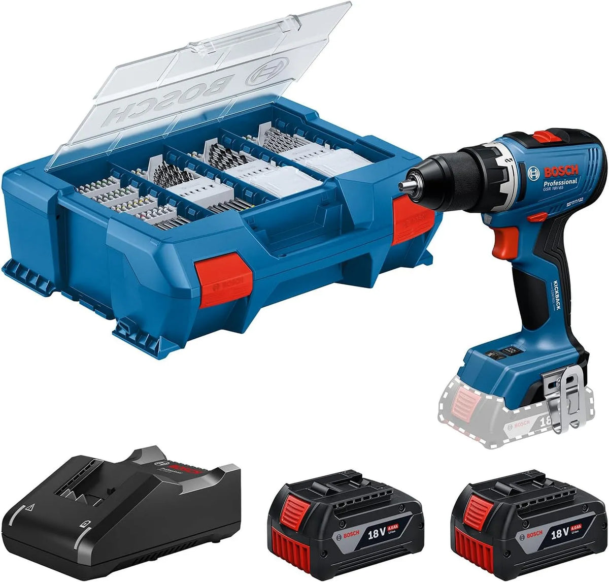 Bosch PRO 18V System Bohrschrauber zum Bohren und zügigen Befestigen bei Montagearbeiten GSR 18V-65 bürstenloser Motor – Akku-Betrieb, 82 tlg, 4.0Ah