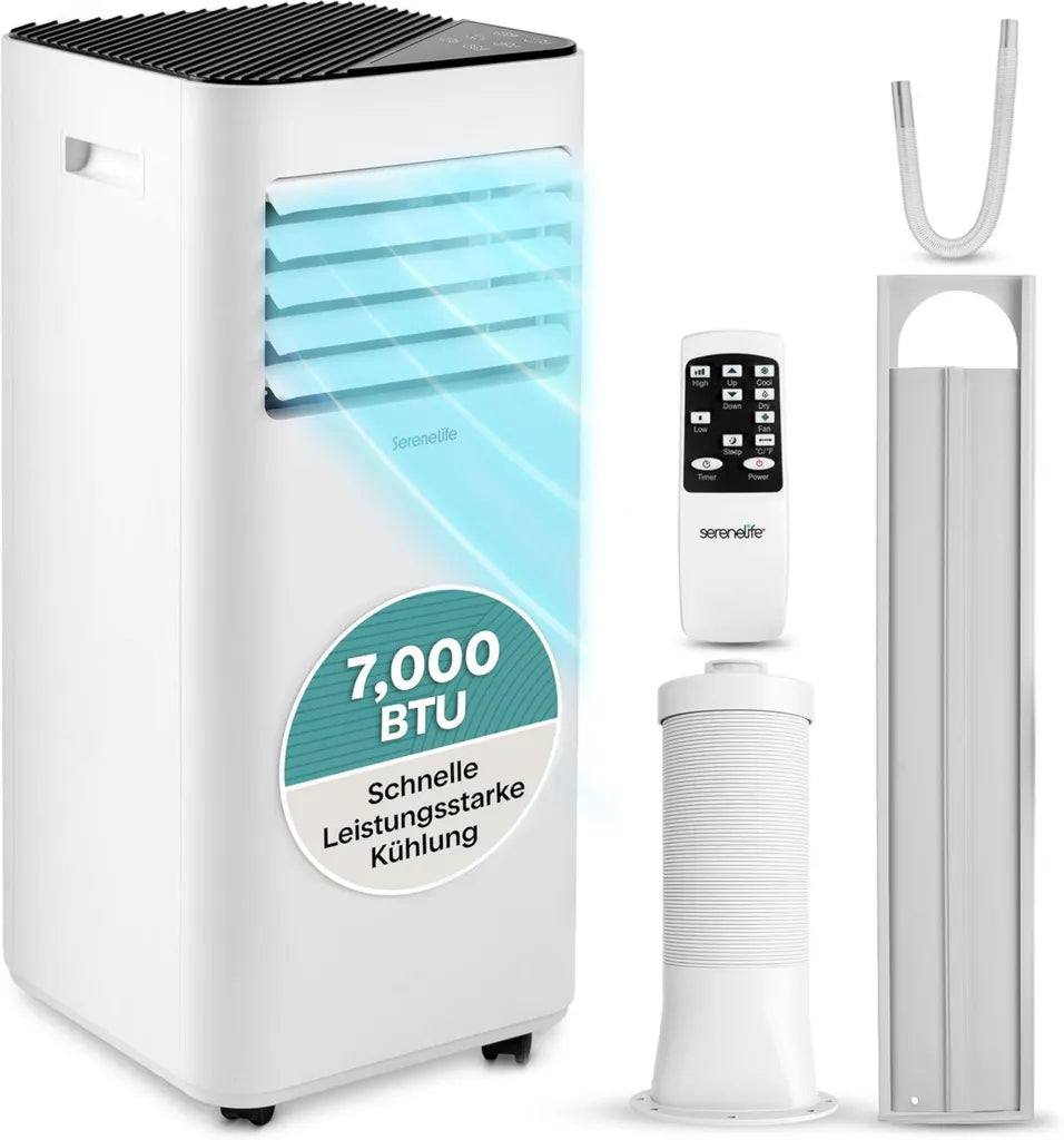 SereneLife Mobiles Klimagerät 7000 BTU, 3-in-1 Luftkühler mit Entfeuchtung und Ventilator, inkl. Fensterkit und Fernbedienung, Energieklasse A+++
