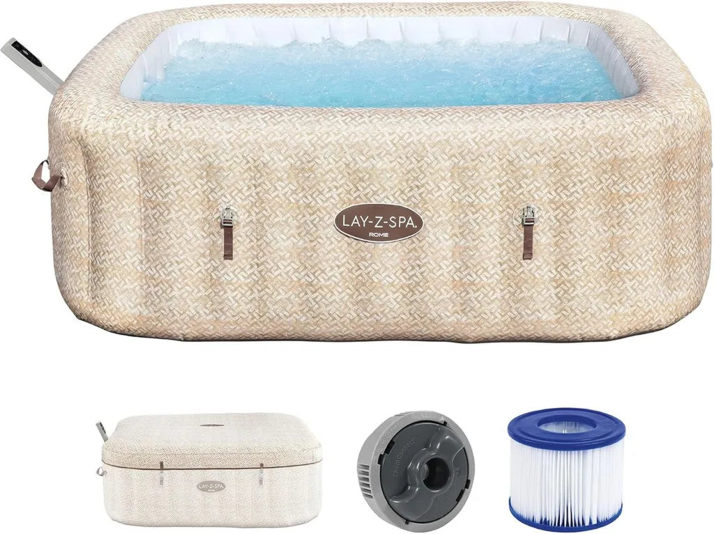 Bestway Lay-Z-SPA Rom AirJet Whirlpool, 7 Personen, 180 Düsen, App-gesteuert, Energiesparend, Thermo-Abdeckung, TUV zertifiziert, Sandmarmor-Design, 201x201x71cm