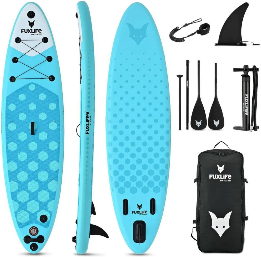 Aufblasbares SUP-Board für Erwachsene, 320x81x15 cm, 150 kg Tragkraft, komplett mit Pumpe, Tasche, Paddel und 3 Finnen in Grün