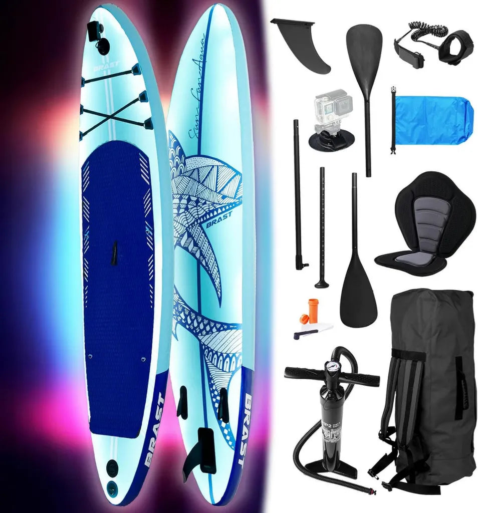 BRAST LED SUP Board Aufblasbar 320x81x15cm | 4 Designs | 200kg Belastbarkeit | 5 Jahre Garantie | 2in1 Paddel & Kajak-Sitz | Action-Cam-Halterung & Fußschlaufe