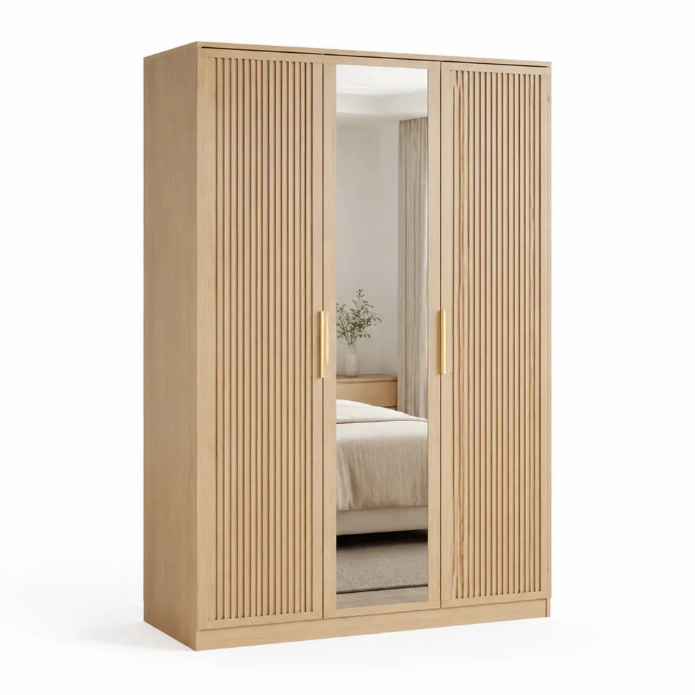 Kleiderschrank 3 Türen mit Spiegel 150 x 55 x 200 cm MDF Holzwerkstoff Rechteckig Natur