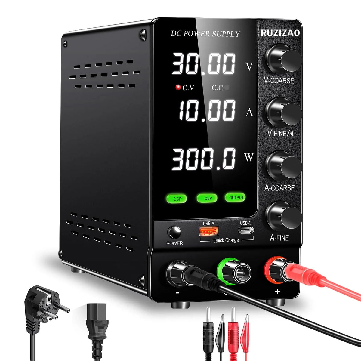 Regelbares DC-Labornetzgerät und Tischnetzteil, Schnellladefunktion, 18 W, 30 V, 10 A, mit Überstromschutz, mit Überspannungsschutz