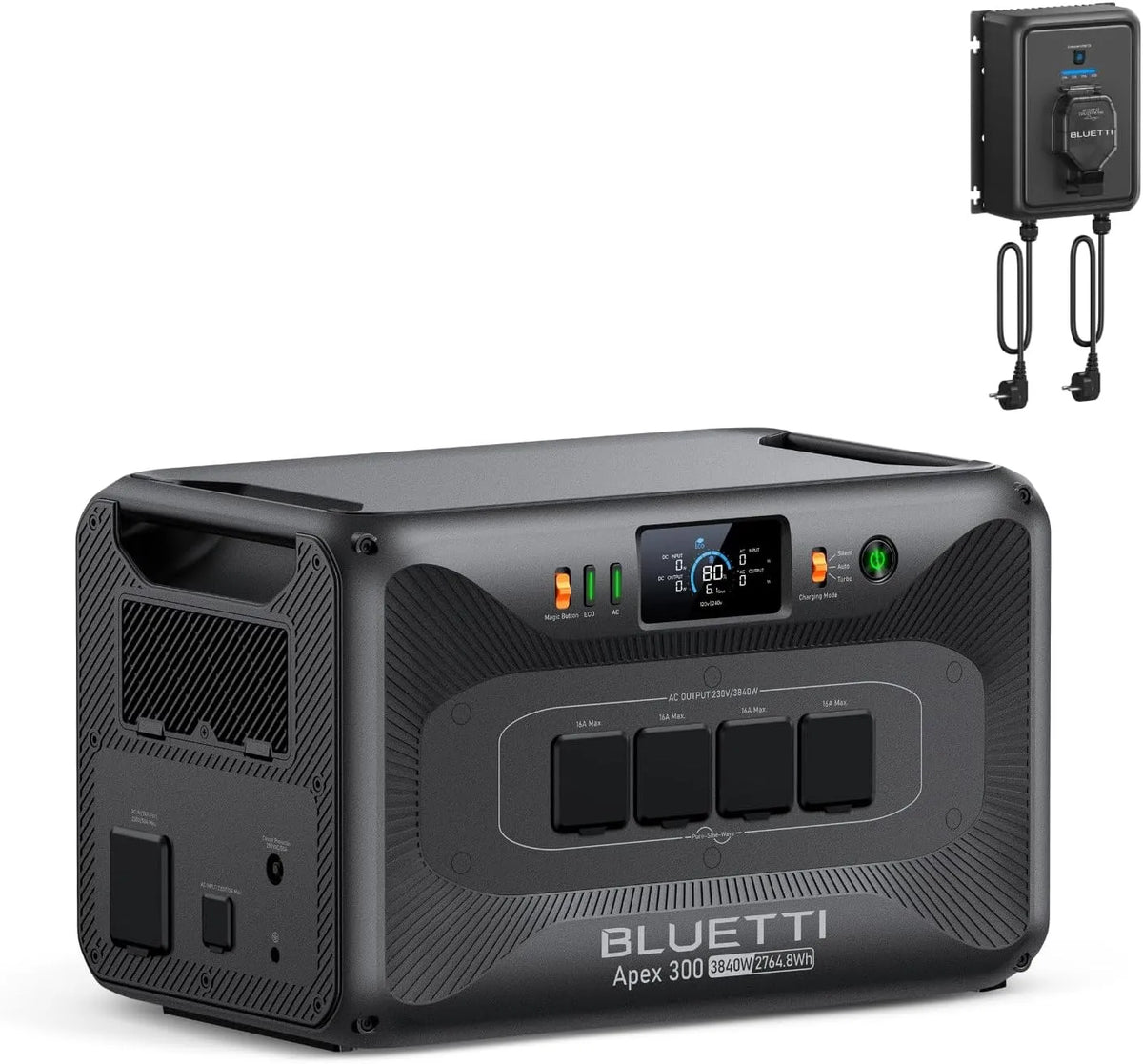 BLUETTI 2764.8 Wh LFP Battery Backup with 4 3840 W AC Outputs, 7680 W Surge, Apex 300 Generator mit 800W Balco Transfer Hub