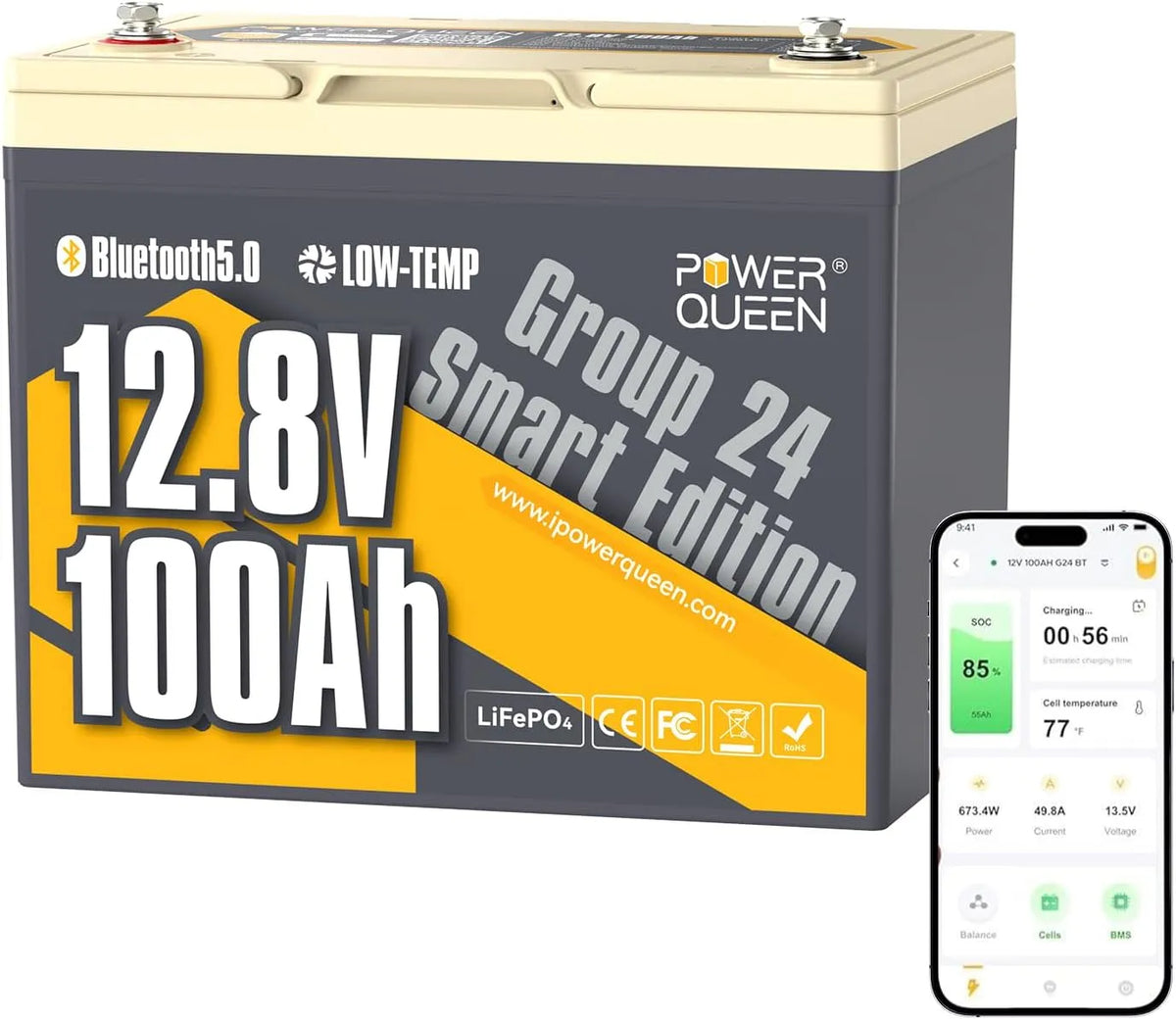 Bluetooth LiFePO4 LiFePO4-Batterie und Solar-Speicherbatterie, 100Ah, mit BMS, für Zyklenbetrieb, mit Bluetooth, 12.8V, für Camping und Wohnmobil