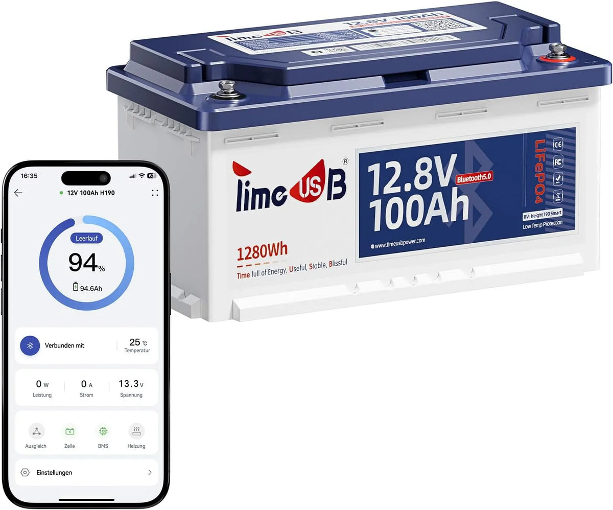 Timeusb LiFePO4 LiFePO4-Batterie und Solar-Speicherbatterie, 100Ah, mit Bluetooth, 12V, für Camping und Wohnmobil