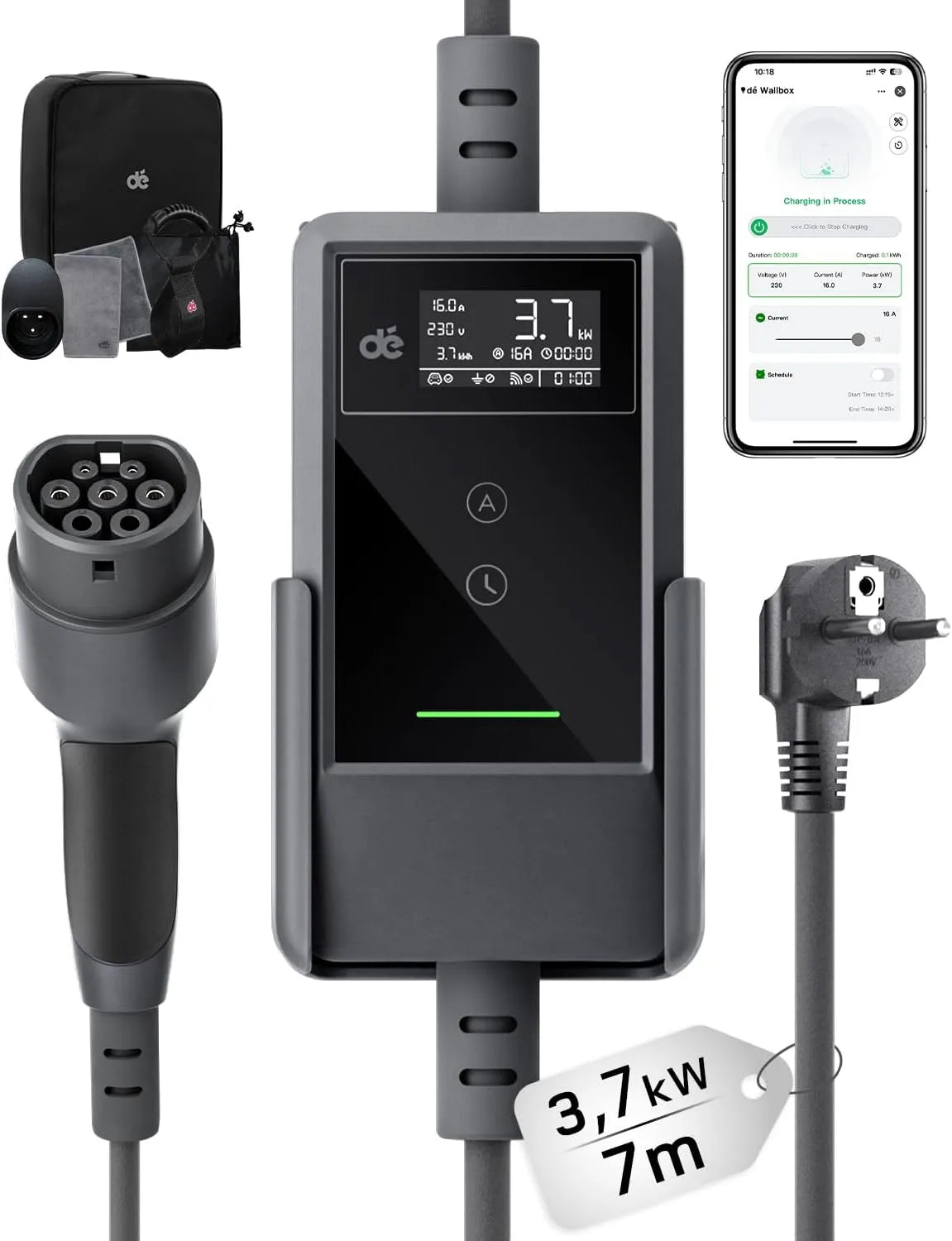 Auto ID.3/4/5/7 Typ-2-Ladekabel für Elektroautos und Mode-3-EV-Kabel, einphasig, 3,7kW, 16A, 7m, Typ 2, Schuko-Anschluss