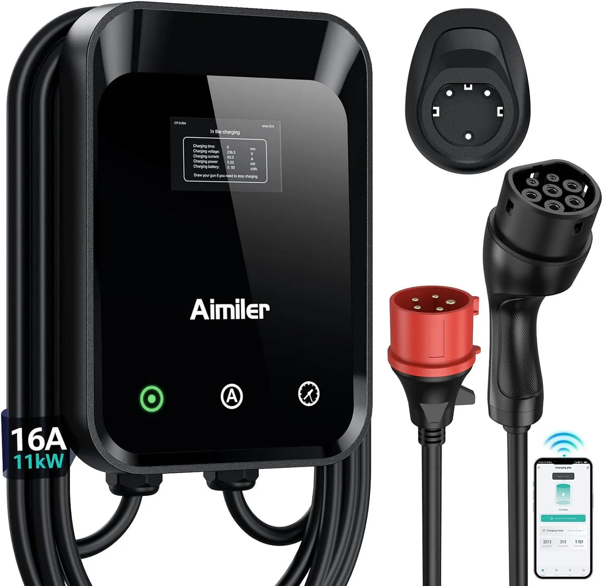 Kabelhalter-IP66 Wallbox-Ladestation für Elektroautos und Mobiles EV-Ladegerät, 11kW, dreiphasig, Typ 2, 400V, 16A, 7,6m