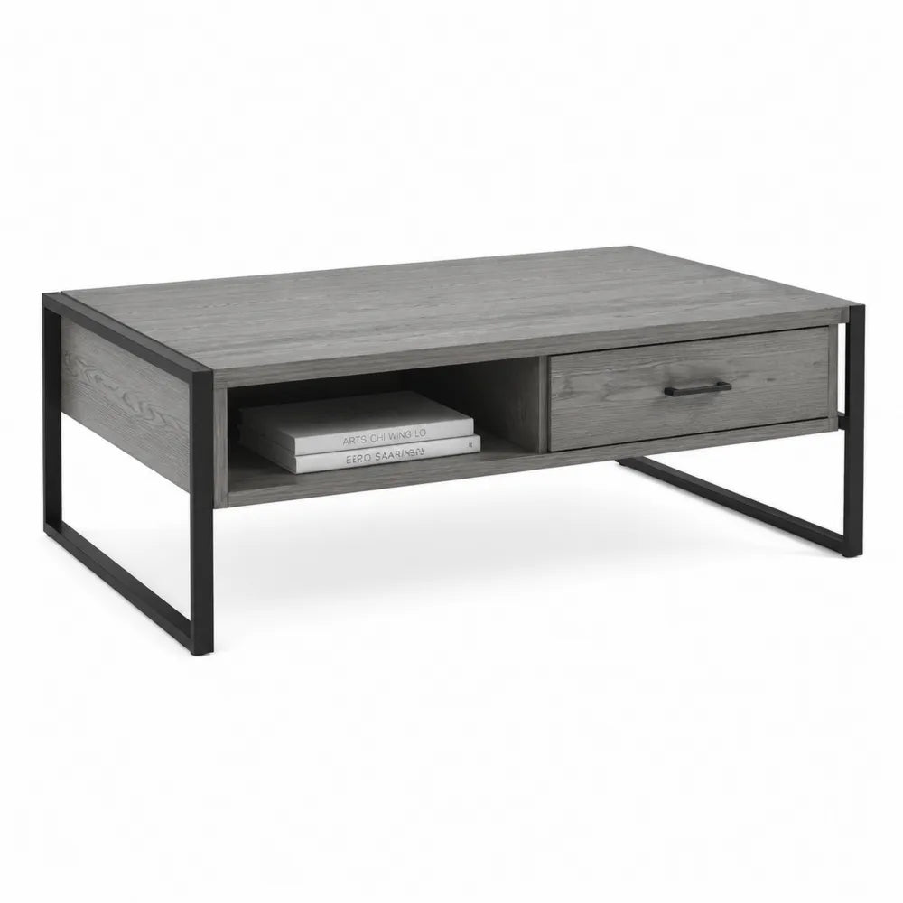 Couchtisch 120x60x40 cm MDF Holzwerkstoff Grau mit Schublade und Metallgestell