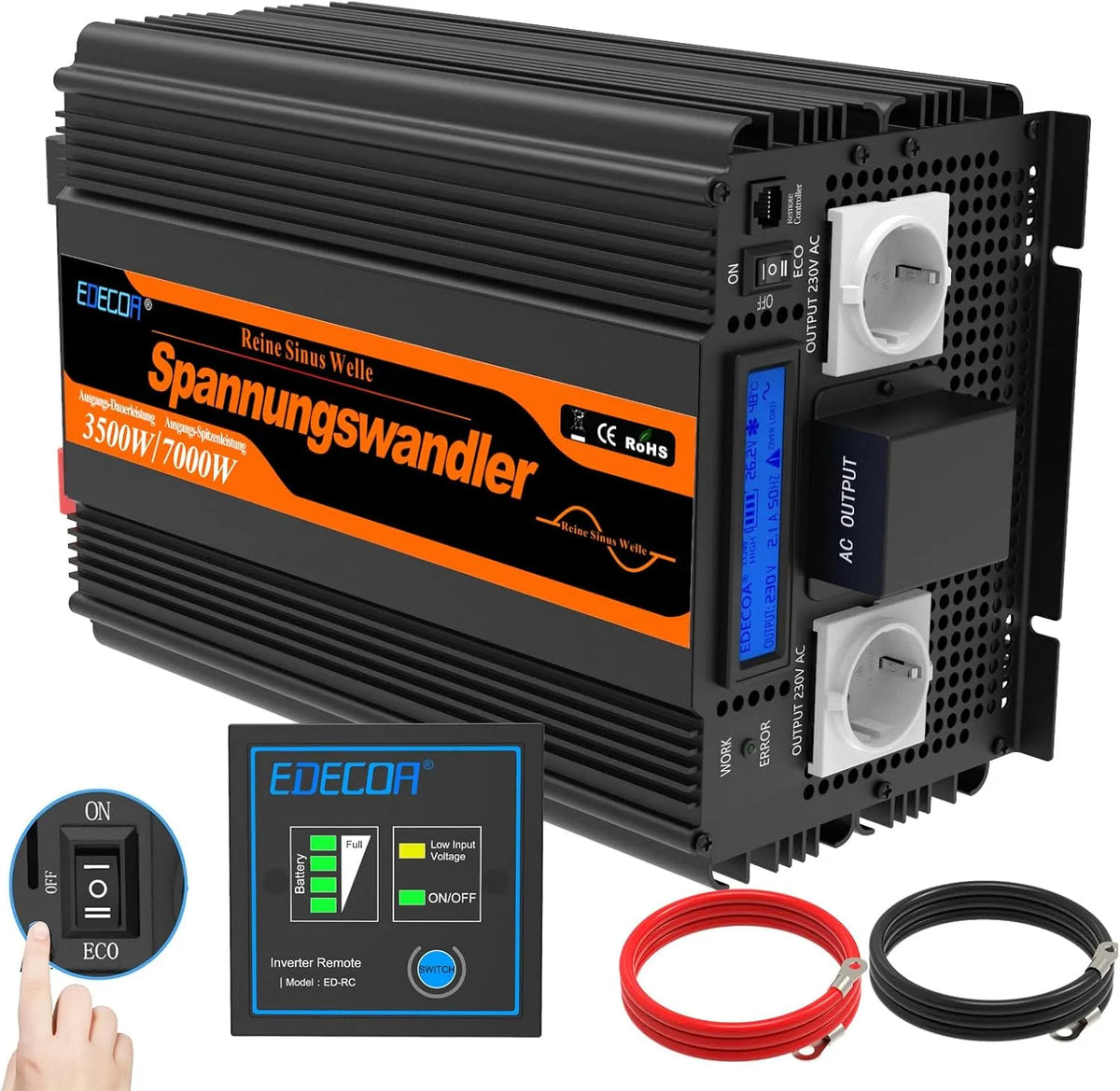DC-AC-Wechselrichter und Spannungswandler, solarbetrieben, 3500W, 12v, 230v, reine Sinuswelle, für Camping und Wohnmobil