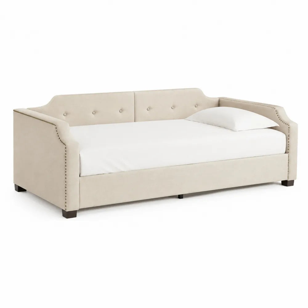 Polsterbett Tagesbett Einzelbett Polyesterbezug Beige gepolstertes Kopfteil 90 x 200 cm