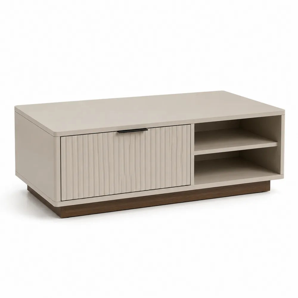 Rechteckiger Couchtisch MDF mit Schrankfach Rillenfront Beige Braun 120 x 60 x 38 cm