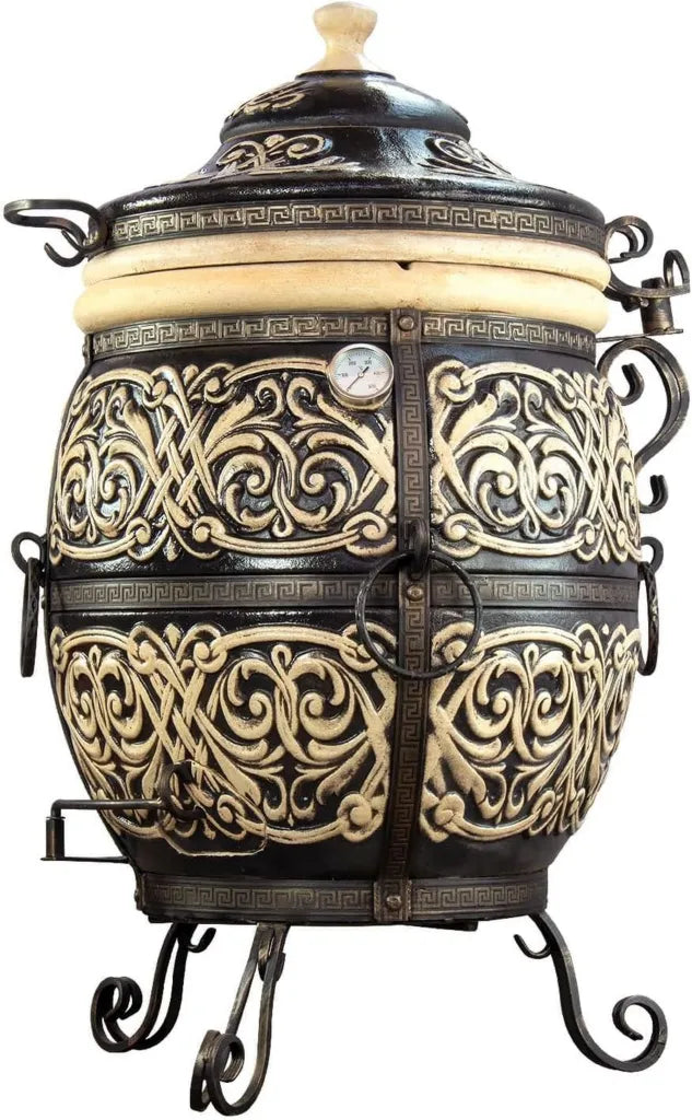 Großer Keramikgrill Tandoor Ofen für Fleisch, Brot, Pizza & Gemüse - XXL Schamott Gartenkamin BBQ-Set