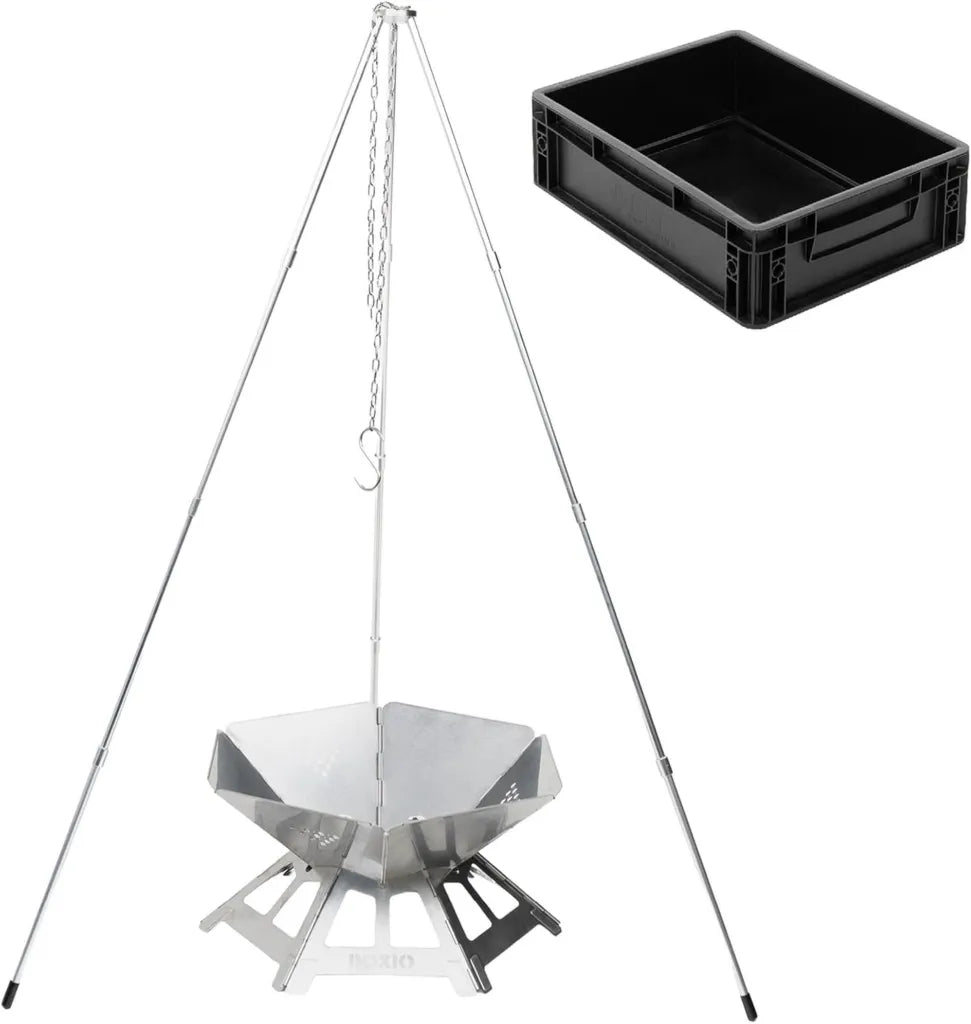 BOXIO Feuerstelle Set: Robuste Edelstahl Feuerschale mit Grillrost und Dreibein, Ideal für Camping und Garten
