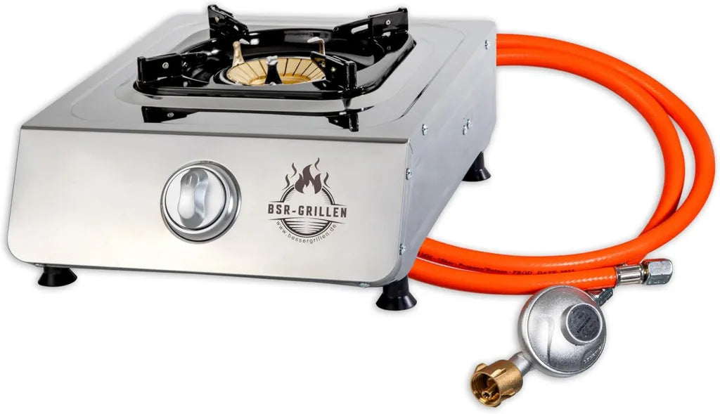 Edelstahl-Camping-Gaskocher 5,5 kW mit Piezozündung und Gasschlauch