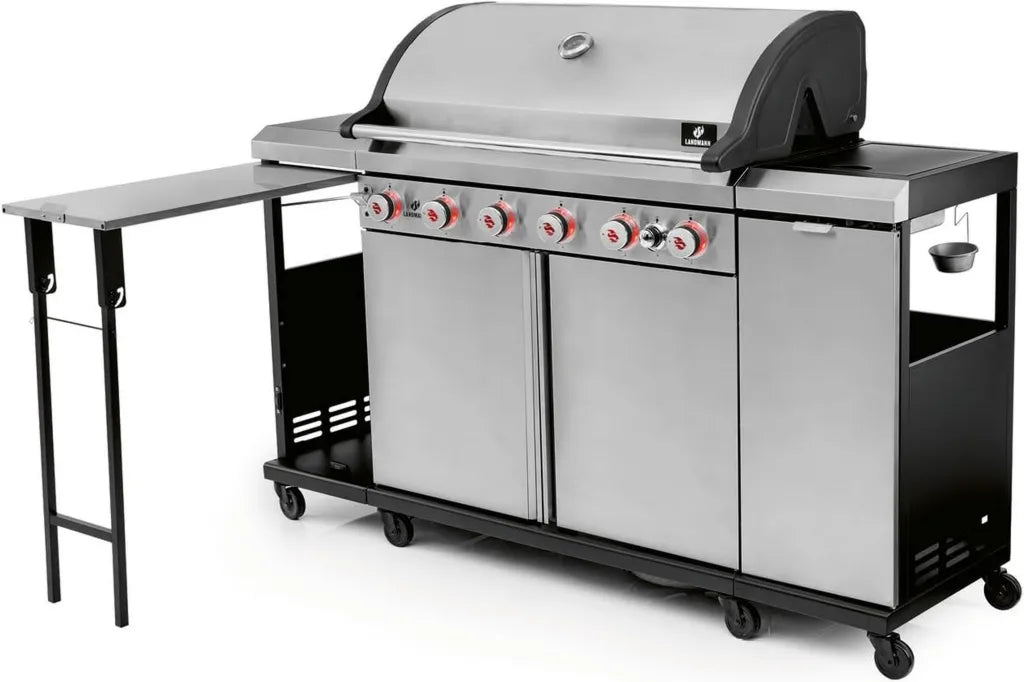LANDMANN 6-Brenner Gasgrillwagen mit MaxX-Zone und großer Gusseisen-Grillfläche, LED-Regler und Seitentisch für Garten & Outdoor