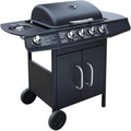 Schwarzer Gasgrill mit 4 Hauptbrennern und Seitenbrenner, Edelstahl, großer Grillrost, inkl. Abdeckung für Outdoor BBQ und Camping