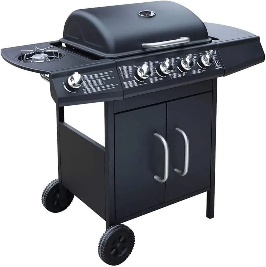 Schwarzer Gasgrill mit 4 Hauptbrennern und Seitenbrenner, Edelstahl, großer Grillrost, inkl. Abdeckung für Outdoor BBQ und Camping