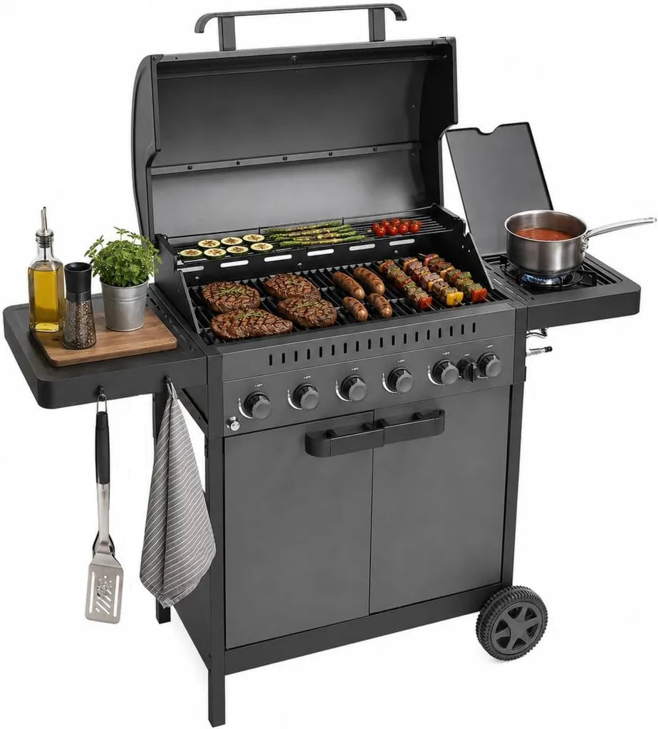 Hochleistungs-Gasgrill IGNIS 6+1 mit Seitenbrenner und Gusseisenrost, Schwarz