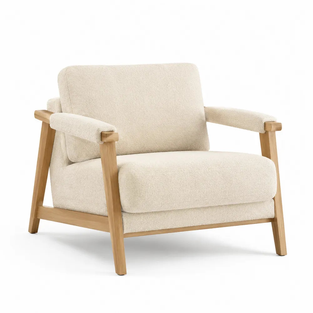 Sessel mit Armlehnen 75 x 80 x 85 cm Polyesterbezug Massivholz Rechteckig Beige Natur