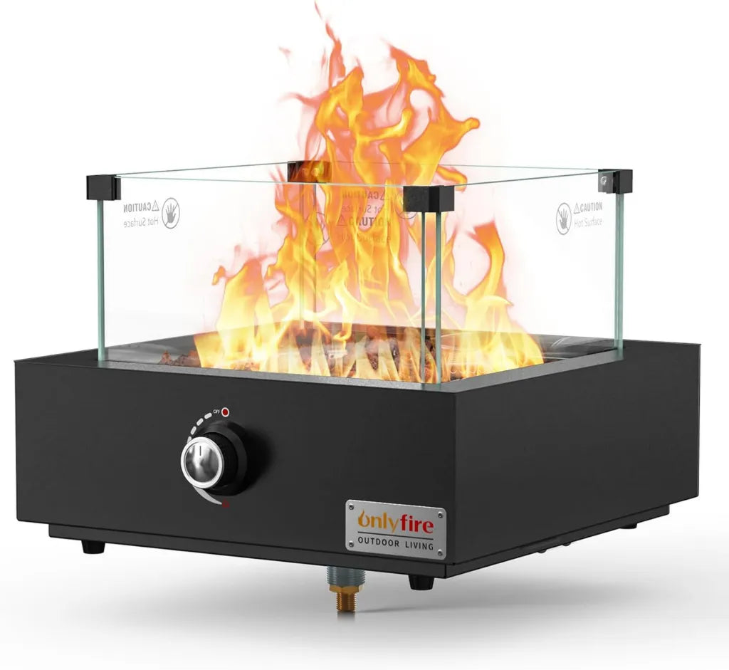 Onlyfire Gas-Tischkamin mit Windschutz, Lavasteinen und Beleuchtung, für Garten und Terrasse