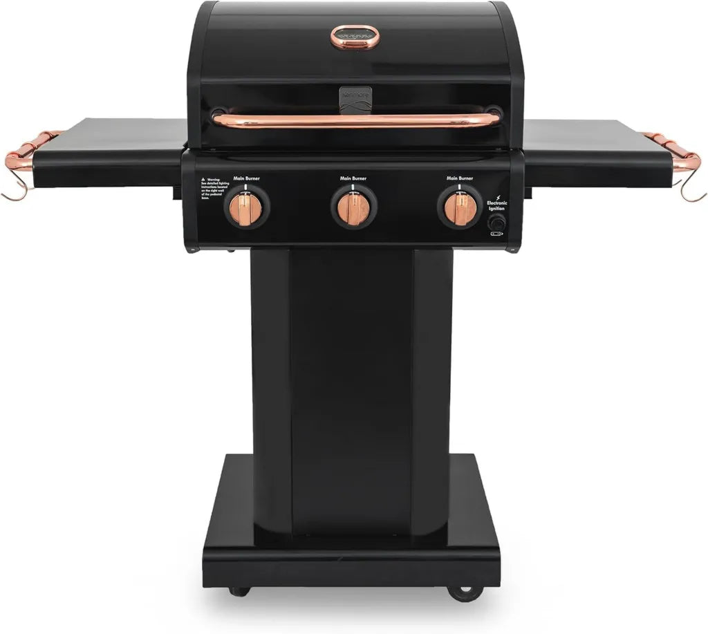 Kenmore Gasgrill mit 3 Brennern | Klappbare Seitentische, Gusseisenroste, Warmhalterost, Werkzeughaken, 30.000 BTU, Schwarz mit Kupferdetails