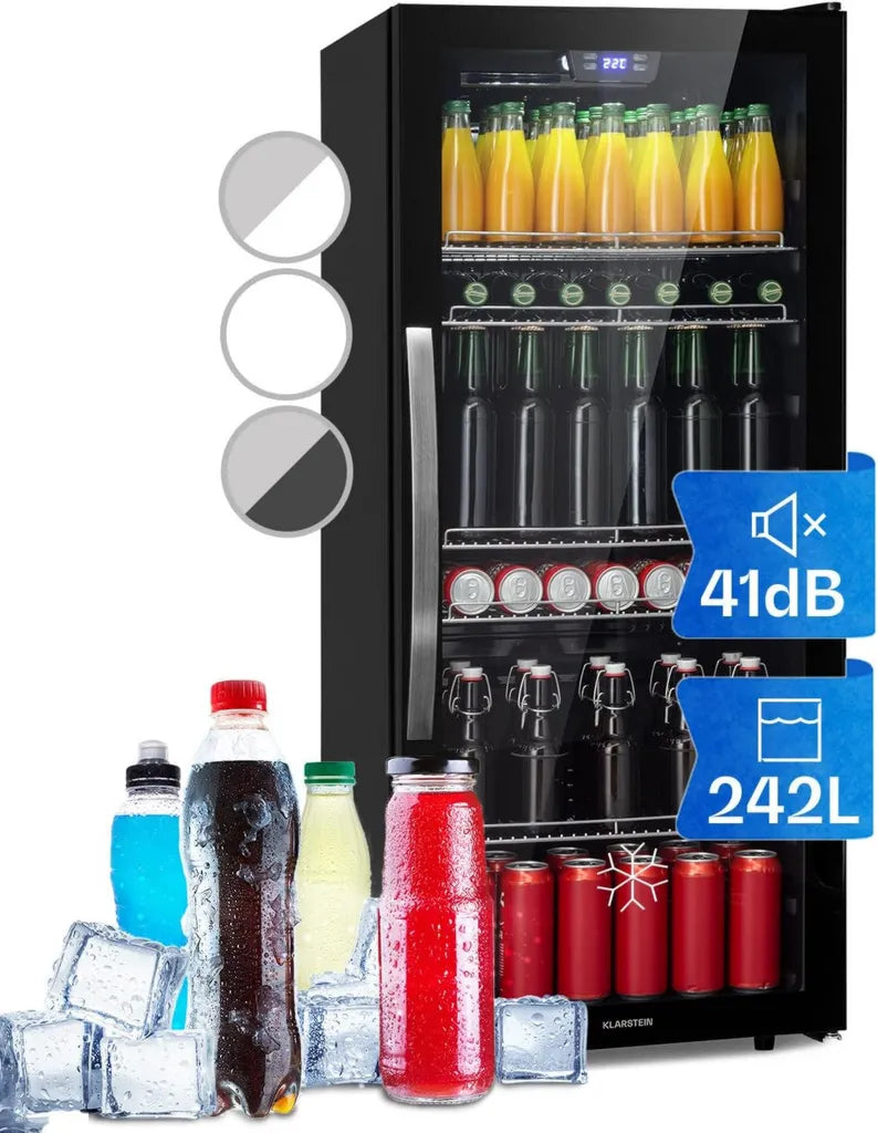 Klarstein Getränkekühlschrank 242L mit Glastür, leise LED-Beleuchtung, schwarze Metallablagen