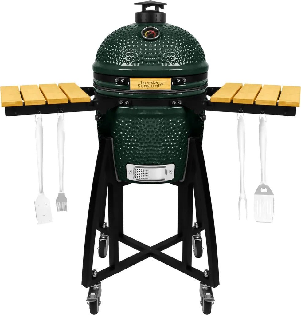 Keramik Kamado Grill 15 Zoll mit Rädern und Seitenteilen, Edelstahlroste, Grün
