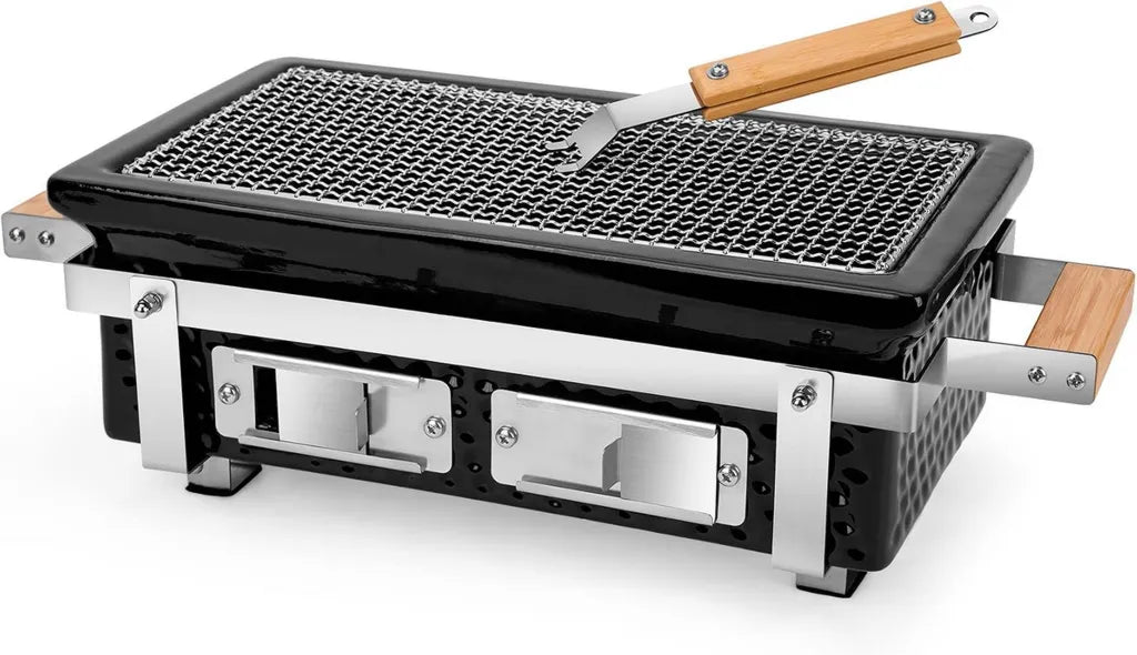 Onlyfire Rechteckiger Keramikgrill, Rauchfreier Mobiler BBQ-Grill mit Edelstahlrost, Holzkohlegrill für Outdoor und Indoor, Schwarz