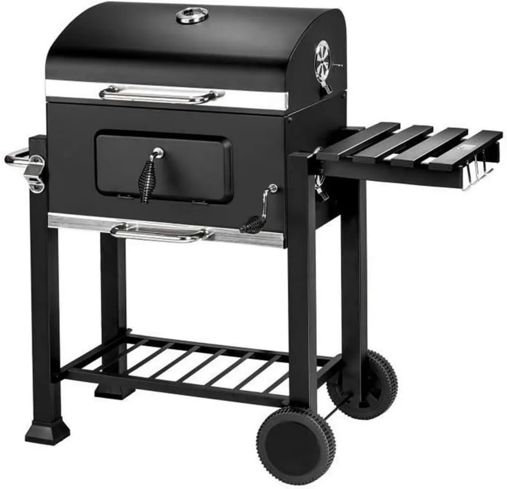 Großer Holzkohlegrillwagen mit verstellbarer Kohlewanne, Deckel und Thermometer für den Garten