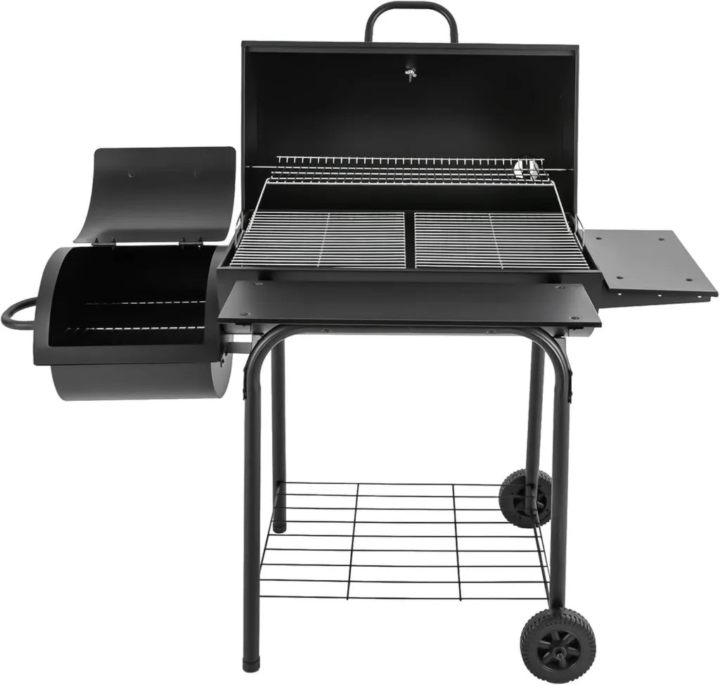 Holzkohlegrillwagen mit Deckel und Thermometer, 147x70x126 cm, für Camping und Garten, schwarz