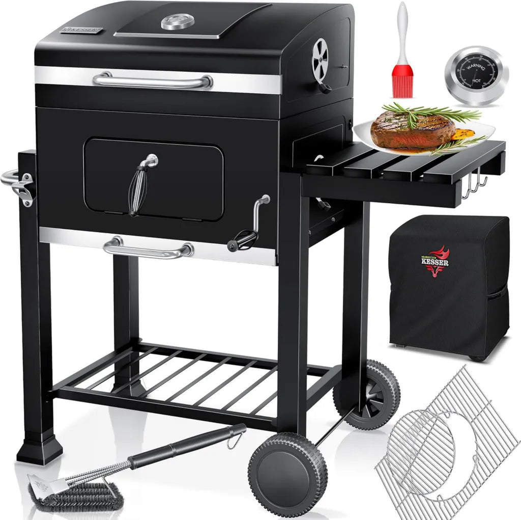 KESSER® XL Holzkohlegrill mit Deckel, Thermometer & Zubehör – Smoker, Standgrill mit Rädern und Warmhalterost