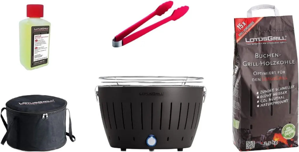 LotusGrill Classic Set Holzkohlegrill raucharm mit USB-Anschluss, Buchenholzkohle 2,5 kg, Brennpaste 200ml, Grillzange, Tragetasche