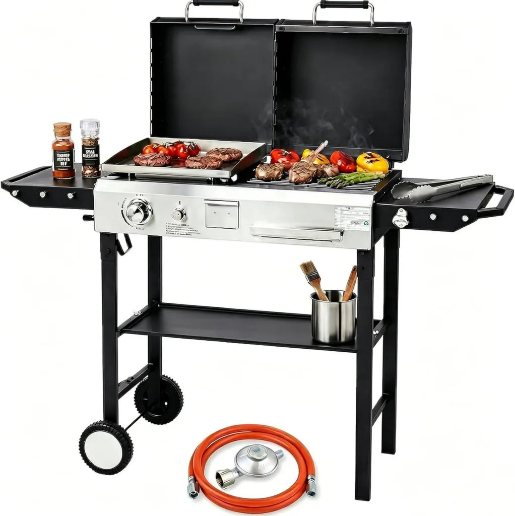 Kombigrill für Gas und Holzkohle, 4.5 kW, mit 50 Mbar Druckminderer - Ideal für Outdoor-Events