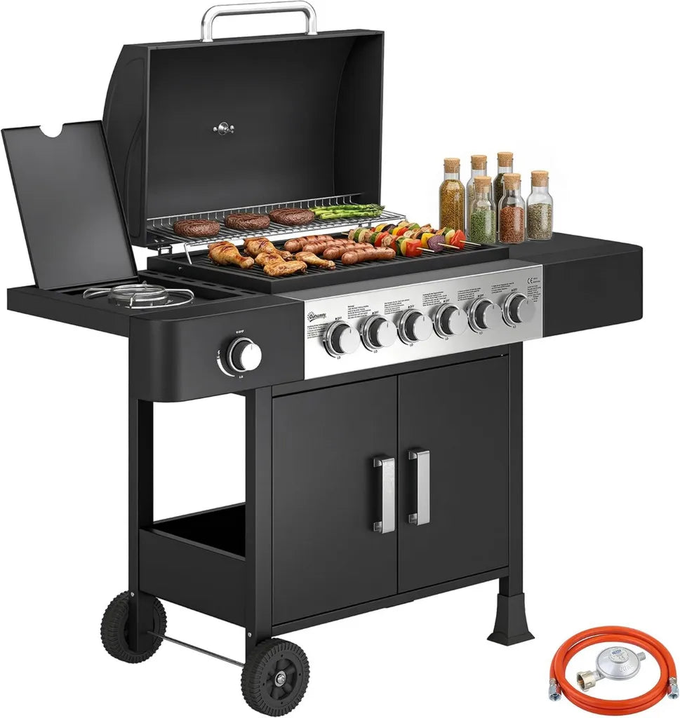 Outsunny Gasgrill 18 kW mit 7 Brennern, Edelstahl BBQ Grillwagen, inkl. Seitenbrenner und Thermometer