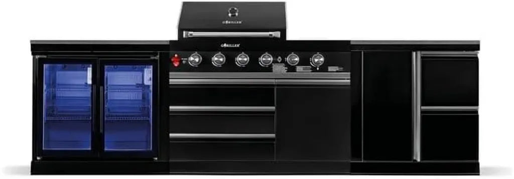 GORILLER® BLACKBACK M7 Outdoor-Küche: Gasgrill mit Doppel-Kühlschrank, Erweiterbarer Arbeitsbereich und Stauraum, Edelstahl in Schwarz