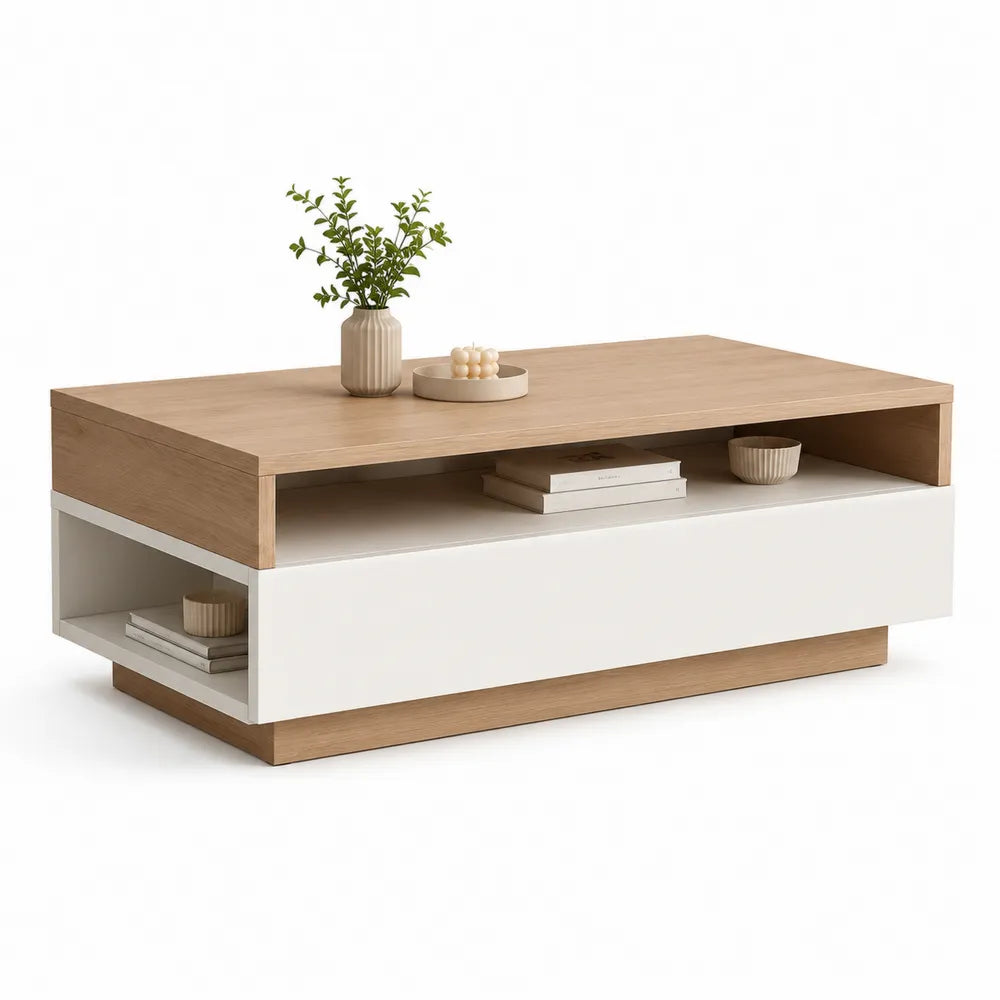 Couchtisch rechteckig 120 x 60 x 40 cm MDF mit Eichenfurnier und Spanplatte Weiß Natur