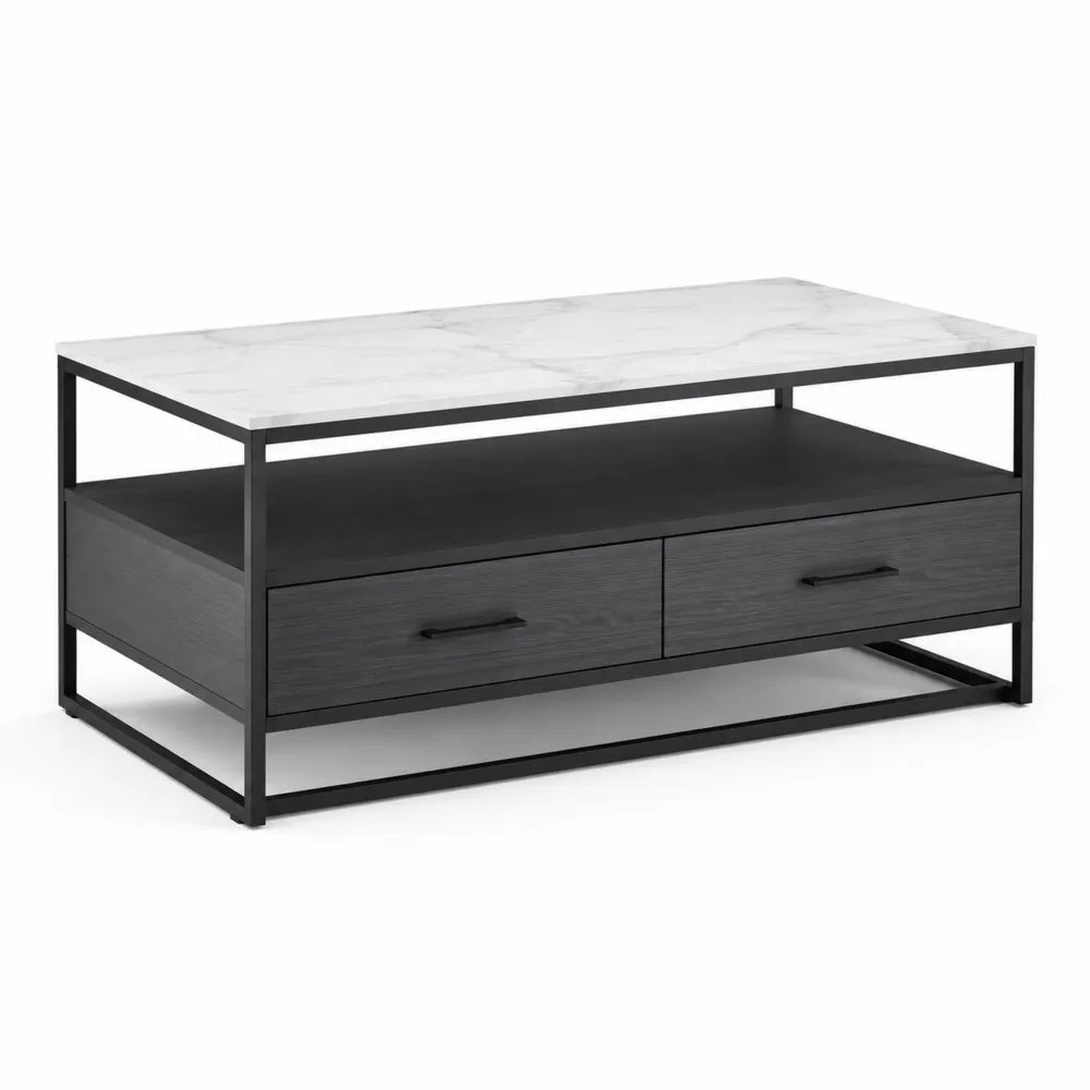 Couchtisch rechteckig MDF mit Marmoroptik Oberfläche Stahlgestell Schubladen Schwarz Weiß 120 x 60 x 40 cm