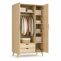 Kleiderschrank 2 Türen mit Schubladen 100x55x190 cm MDF Holzwerkstoff Natur mit Kleiderstange